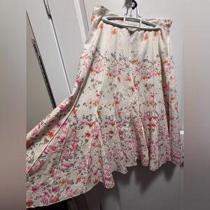 STUNNING! ColdWater creek linen blend skirt cream background pink orange flowers